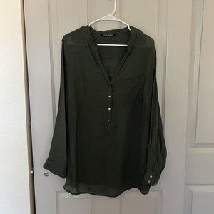 Zac & Rachel Button Up Blouse Women's Plus Size 2X Roll Tab Sleeves Green
